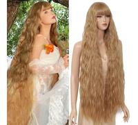 Civrie Parrucca lunga ondulata con frangia, da donna, parrucca lunga castana, capelli sintetici dall'aspetto naturale, resistenti al calore, parrucca per feste quotidiane e Halloween (100 cm)