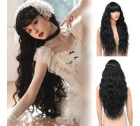 Civrie Parrucca lunga ondulata con frangia, da donna, parrucca lunga con frangia, capelli sintetici dall'aspetto naturale, resistenti al calore (colore: nero, 81 cm, 81 cm)