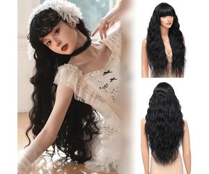 Civrie Parrucca lunga ondulata con frangia, da donna, parrucca lunga con frangia, capelli sintetici dall'aspetto naturale, resistenti al calore (colore: nero, 81 cm, 81 cm)