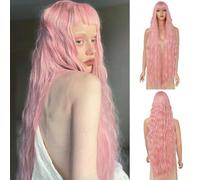Civrie Parrucca lunga ondulata con frangia, da donna, parrucca lunga rosa con frangia, capelli sintetici dall'aspetto naturale, resistenti al calore, per feste quotidiane e Halloween (100 cm)