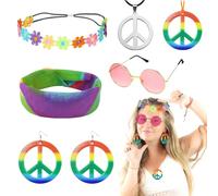 CIYIN 6 Pezzi Set Costume Hippie, Stile Vintage Anni 60 Anni 70 Hippie Accessori, Occhiali da Festa Hippie, Orecchini, Cerchietto a Margherita, Collana con Segno di Pace per di Carnevale Indossando