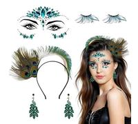 CIYIN Set Accessori Donna Ispirato al Pavone, Costume da Pavone 4 Pezzi, Fermaglio Capelli Piume, Orecchini Piuma, Ciglia Finte, Faccia con Strass, Elegante Accessori da Costume da Pavone (Verde-b)