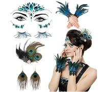 CIYIN Set Accessori Donna Ispirato al Pavone, Costume da Pavone 5 Pezzi, Fermaglio Capelli Piume, Orecchini Piuma, Ciglia Finte, Faccia con Strass, Elegante Accessori da Costume da Pavone (verde-c)