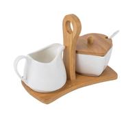 CIYODO Contenitori per Spezie in Ceramica Bianca con Manico in Bamboo Zuccheriera e Lattiera con Cucchiaio e Vassoio Materiale Resistente e Adatto Microonde e Lavastoviglie per Cucina