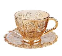 CIYODO Set Tazze Da Caffè e Tè Vintage in Vetro Piattini Ambra, Design Elegante Manico Comodo, Per Degustazione Tè Pomeridiana e Regalo Famiglia Amici