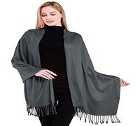 CJ Apparel Dark Grey Charcoal Black Smokey Grey Solid Color Tassels Design Nepalese Shawl Seconds Scarf Wrap Stole Throw Head Wrap Pashmina Hand Made in Nepal New