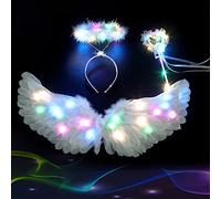 CJBIN Ali d'angelo a LED, costume da angelo bianco da 60 cm, ala di piume d'angelo con aureola e bacchetta magica, per carnevale, Halloween, Natale, compleanno, feste a tema, per bambini e adulti