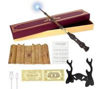 CJBIN Bacchetta Sambuco con Luce, USB Ricarica, Confezione Regalo con Carta Incantesimo, Biglietto della Stazione, Mappa e Porta Bacchetta