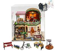 Cjeuxnr Kit fai da te per casa delle bambole in miniatura, modello in legno, fatto a mano, con luci a LED e musica, regalo romantico per San Valentino (caffetteria+copertura antipolvere)