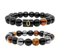 CJIAYUJEW Braccialetti da uomo con perline da 10 mm, con tripla lettera iniziale, braccialetti elastici con perline di ossidiana nera in ossidiana naturale, 10mm, Ossidiana, Ossidiana
