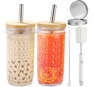 CJWLKJ Confezione da 2 bicchieri in vetro da 680,4 g, con coperchio e cannucce, riutilizzabili, bicchieri da tè Boba Bubble, bicchieri da caffè freddo per long drink, acqua, cocktail, whisky, soda