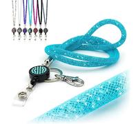 CKB LTD Cordino da collo blu chiaro con strass e gemme di cristallo glitterate, con clip girevole in metallo e scintillante bobina retrattile con clip porta badge, 1 pezzo