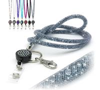 CKB LTD Cordino da collo Grigio con strass e gemme di cristallo glitterate, con clip girevole in metallo e scintillante bobina retrattile con clip porta badge, 1 pezzo