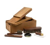 CKB LTD Kit per la cura delle scarpe - Scatola in legno portatile per lucidare le scarpe, set regalo con poggiascarpe, pennello applicatore, spazzole per lucidatura, Dauber, calzascarpe, smalto nero e