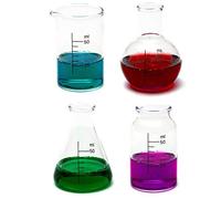 CKB LTD® Set di 4 bicchierini da laboratorio per chimica, 50 ml, a tema scientifico, bicchiere e fiaschetta a forma di laboratorio