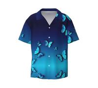 CKGODGF Bella stampa farfalla blu uomo manica corta,abbottonatura estate spiaggia camicia casual, camicia allentata casual, camicie vestito, Nero , L