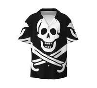 CKGODGF Camicia da uomo a maniche corte con stampa bandiera pirata, camicia casual estiva con bottoni, camicia casual allentata, camicie eleganti, Nero , 3XL