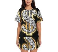 CKGODGF Set pigiama da donna a maniche corte con stampa del segno del dollaro dorato, morbido e confortevole, biancheria da notte per le donne, per le notti estive, Nero , XL