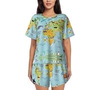 CKGODGF Set pigiama da donna a maniche corte con stampa mappa del mondo, morbido e confortevole pigiameria per le donne, per le notti estive, Nero , M