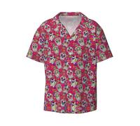 CKGODGF Stampa teschio e foglie verdi da uomo a maniche corte, camicia casual estiva con bottoni, camicia casual allentata, camicie eleganti, Nero , 3XL