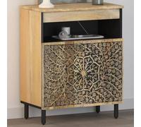 CKioict Credenza in Legno Massello di Mango 60x33x75 cm con Motivi Floreali Intagliati a Mano e Gambe in Ferro, Mobile Laterale Design Retrò per Esposizione e Conservazione,