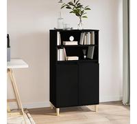 CKioict Credenza Nera in Legno Multistrato 60x36x110 cm con 2 Ripiani Aperti e 4 Scomparti, Ante Protettive e Piedini Stabili in Legno Massello di Eucalipto per Arredamento Soggiorno