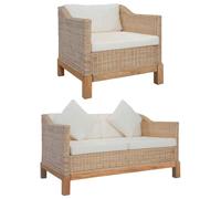 CKioict Set di 2 divani in rattan con poltrona e 2 posti, mobili da giardino in vero rattan e robusto telaio in legno, cuscini lavabili, resistenti e comodi per interni e