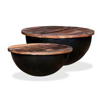 CKioict Set di 2 Tavolini da Caffè in Legno Massello Riciclato Nero con Base in Acciaio a Forma di Coppa, Design Industriale per Soggiorno, Piano Solido e Vano Portaoggetti Nascosto,