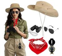 CKryzillix Safari Kostüm Damen, 6 pezzi Costume a tema Safari for donna Cappello Cintura Sciarpa al collo Bussola binoculare Accessori a tema Safaris for custode dello zoo