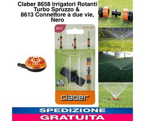 Claber 8658 Irrigatori Rotanti Turbo Spruzzo & 8613 Connettore a due vie, Nero