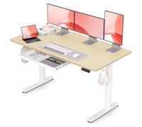 Claiks Scrivania regolabile in altezza, 140 x 60 cm, con cassetto, portata 80 kg, scrivania elettrica regolabile in altezza con memoria a 3 funzioni e 2 ganci per cuffie, scrivania con Drawer, beige