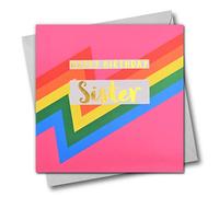 Claire Giles Greeting Cards, Biglietto di auguri di buon compleanno per sorella, colore rosa, design con bulloni, testo laminato in oro lucido