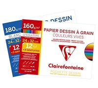 Clairefontaine 196178AMZC - Confezione da 2 - Pochette Disegno scolastico - 15 fogli (12+3 gratuiti) carta da disegno a Grana Colori Vivaci Assortiti - 24x32 cm 160g - Ideale per le Arti Figurative