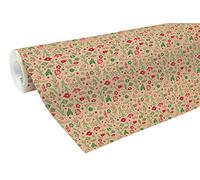 Clairefontaine 211725C - Rotolo di Carta Kraft Grezza Riciclata - 50Mx70 Cm - 70G - Motivo: Decoraziones Natale Rosso/Verde: Palle di Natale, Foglie - Carta Riciclata