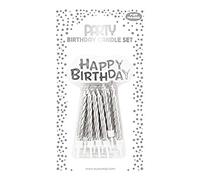 Clairefontaine 26574-SC - Set da 12 candele per compleanno + 12 portacandele + 1 supporto"Happy Birthday"- COLORE: argento - candele per compleanno, compleanno, Happy Birthday