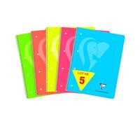 Clairefontaine 598723Cpack - Mimesys NEON cahier spiralé polypro 22,5x29,5cm 240p Q.5x5 cadré perfo. 4 trous 5 couleurs de bandes couleurs FLUO assorties - PAQ DE 5
