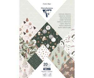 Clairefontaine 95548C - Bloc de 20 Feuilles à Motifs Noël Cosy Format A4 (21x29,7cm) 160g/m² + 2 planches d'étiquettes à découper + Idée Créative - Papier Scrapbooking Loisirs Créatifs