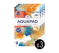 Clairefontaine 975721C Blocco Collato Goldline Aquapad - 50 Fogli Carta Acquerello Bianca Grana Medio-Fine A4 21x29,7 cm 300g - Pacco da 3 taccuini