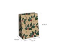 Clairefontaine X-31331-3Cpack - Confezione da 12 sacchetti regalo kraft, formato medio, 21,5 x 10,2 x 25,3 cm, 210 g, motivo: Agrifoglio di Natale, confezione regalo, ideale per: libro, gioco, piccoli