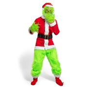 Claofoc Costume da Grinch da 7 pezzi per Uomo Adulto Deluxe Costume da Babbo Natale Set Costume Cosplay di Natale con Maschera Grinch Guanti Cappello Pantaloni Calzini (M)