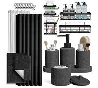 Clara Clark Set da bagno nero carbone - Set da bagno con tenda da doccia e tappeti, set di accessori da bagno da 26 pezzi, set di tende da doccia con angolo adesivo da appendere e dispenser di sapone