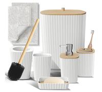 Clara Clark Set di accessori da bagno bianchi, set di 6 accessori da bagno, set da bagno con tappeti da bagno, scopino, bidone della spazzatura e dispenser di sapone