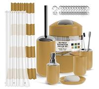 Clara Clark, Set di accessori da bagno, color oro, 20 pezzi, set di tende da doccia con fodera, portaspazzolino, erogatore di sapone, portasapone, portascopino e cestino della spazzatura