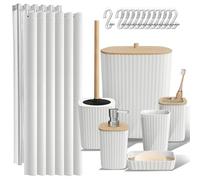 Clara Clark Set di accessori da bagno - Set di accessori da bagno con tenda da doccia, scopino per WC, bidone della spazzatura e dispenser di sapone (bianco, set completo)