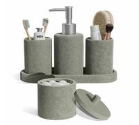 Clara Clark Set di accessori da bagno verde salvia, set di accessori da bagno da 5 pezzi, set da bagno con dispenser di sapone, portaspazzolino, bicchiere, batuffolo di cotone e vassoio da toeletta