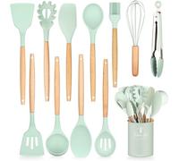 ClaShop Set Utensili da Cucina, 12 Pezzi in Silicone con Porta Utensili - Antiaderente, AntiGraffio, Manico in Legno (Verde)