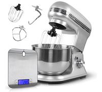 Classbach Set robot da cucina con bilancia da cucina digitale, impastatrice da 1200 Watt, motore a 6 velocità, miscelatore silenzioso da 5 litri, ciotola con 3 inserti e paraspruzzi, C-KM 4004 W