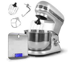 Classbach Set robot da cucina con bilancia da cucina digitale, impastatrice da 1200 Watt, motore a 6 velocità, miscelatore silenzioso da 5 litri, ciotola con 3 inserti e paraspruzzi, C-KM 4004 W