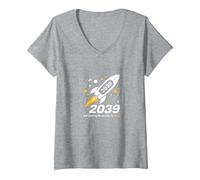 Classe del 2039 - Ho Appena iniziato Il Mio Viaggio Razzo Spaziale Maglietta con Collo a V, Donna, Grigio Melange, L