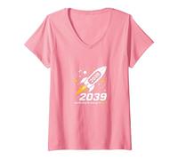 Classe del 2039 - Ho Appena iniziato Il Mio Viaggio Razzo Spaziale Maglietta con Collo a V, Donna, Rosa, L